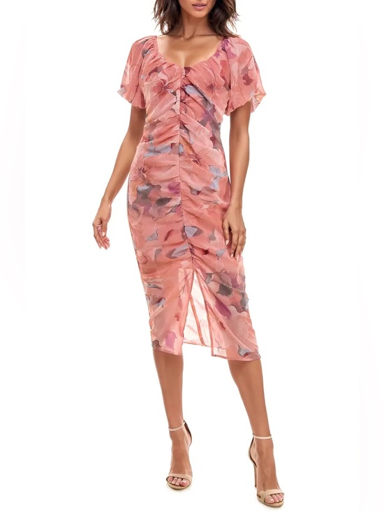 Socialite Dresses & Skirts - Socialite Pink Floral Ruched Puff Sleeve Midi Dress Size XS
